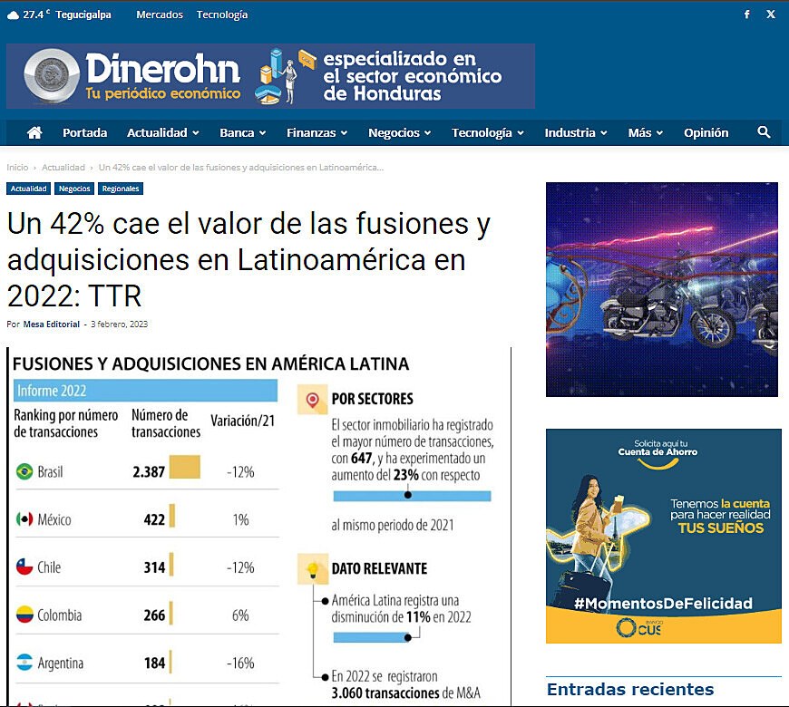 Un 42% cae el valor de las fusiones y adquisiciones en Latinoamrica en 2022: TTR